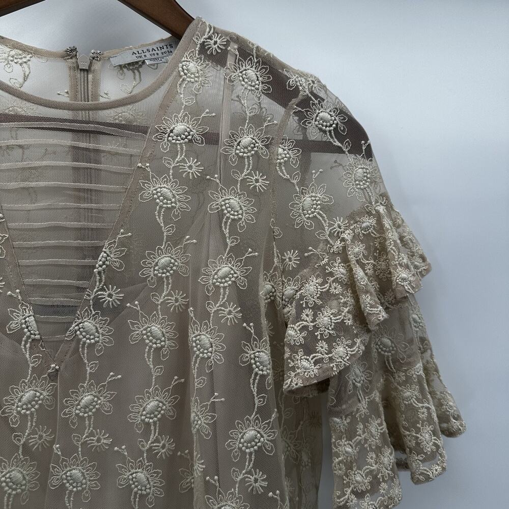 All Saints Top Womens 2 Beige Henrietta Lace Ruffle Blouse Embroidered Floral - Picture 3 of 13